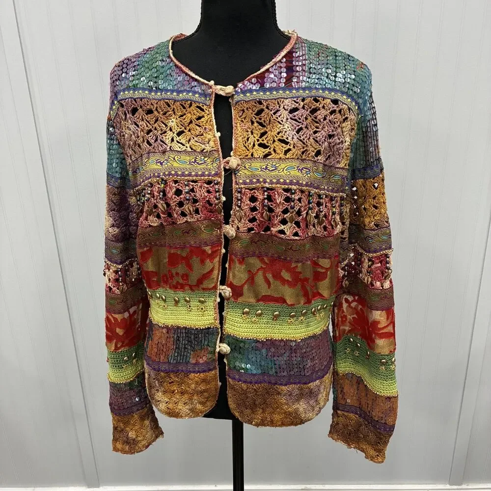 VTG Sandy Starkman Women's Med Multicolor Embellished Jacket Artsy Boho Chic